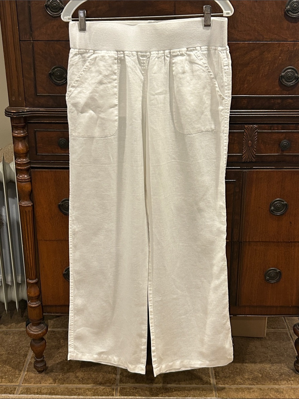 Allen Allen White Linen Wide-Leg Elastic Waist Pants Women's Size Medium
